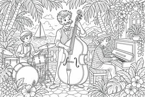 Three musicians performing jazz on a terrace surrounded by palm trees and hibiscus flowers with the ocean and a sailboat in the distance.
