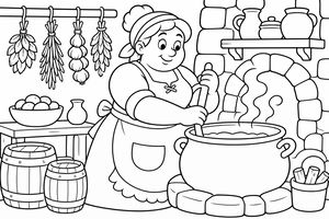 A cartoon illustration of a woman in an apron stirring a large pot in a medieval kitchen with hanging herbs and barrels.