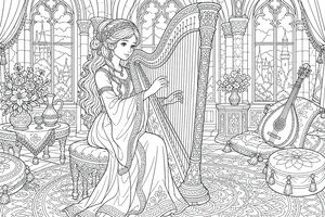 A young woman with long hair playing a harp in a decorative chamber with large windows, floral bouquets, and a lute.