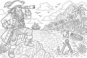 A pirate captain with a spyglass stands on a cliffside. The background features a tropical island with palm trees, large anchors on the sand, and a ship at sea.
