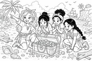A group of girls dressed as pirates gathered around an open chest filled with gems and coins on a sandy beach with palm trees and a ship.