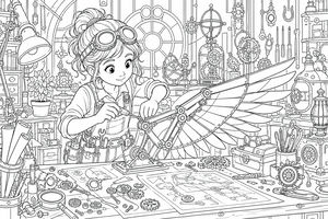 A girl with goggles and a tool belt assembles large mechanical wings at a workbench filled with blueprints and gears.