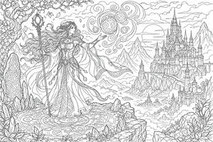 A sorceress with flowing hair and a staff stands on a runic circle, conjuring magical orbs overlooking a grand castle and mountains.