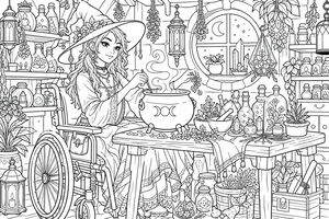 A young witch sitting in a wheelchair stirs a steaming cauldron in a room packed with potion bottles, plants, and lanterns. She wears a leafy witch hat.