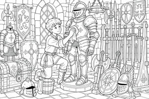 A boy polishing a knight's suit of armor in a room filled with weapons, helmets, and heraldic shields.