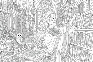 A woman with glasses and long hair reaches for a book on a tall shelf in a gothic library with an owl and spiral stairs.
