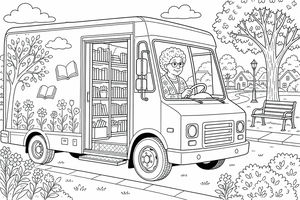 A coloring page showing a mobile library bus with a woman driving, parked by a park bench with trees and houses in the background.