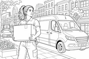 A woman carrying a large cardboard box standing next to a delivery van on a busy city street with buildings.