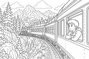 A steam train pulling passenger cars through a valley with mountains and pine trees, with a boy looking out a window in the foreground.