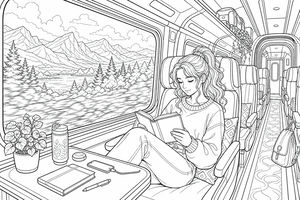 A coloring page showing a girl sitting in a train carriage reading. Outside the window are sharp mountain peaks, spruce trees, and clouds.