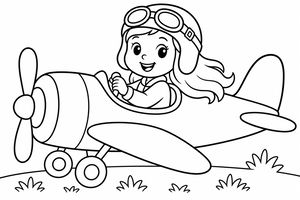 A cartoon girl wearing aviator goggles and a flight hat piloting a small airplane on a grassy field.