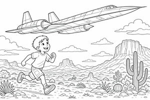 A coloring page showing a child running through a desert with an SR-71 Blackbird jet overhead. The scene includes mesas and saguaro cacti.