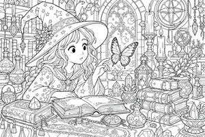 A coloring page of a young witch with a pointed hat pointing at a butterfly in a room filled with spellbooks, candles, and crystals.