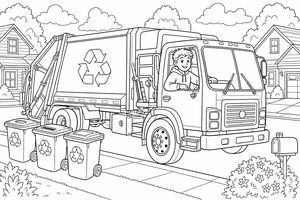 A recycling truck with a large logo on the side drives past suburban houses and three waste bins.