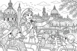 A tour guide with a microphone on an open-top bus gesturing toward city landmarks. The scene includes tourists, historic buildings, and a river bridge.