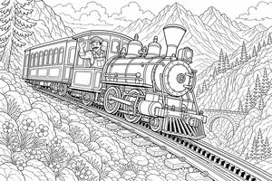 A vintage steam train on a mountain railway with a waving engineer in a cap. The background features tall peaks, pine trees, and a stone bridge.
