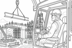 A crane operator wearing a hard hat and safety vest inside a cabin at a construction site with a bridge and scaffolding.