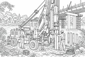 Two workers in hard hats operate a large mobile pile driver by a river where a bridge is under construction. The scene includes trees, water, and technical equipment.