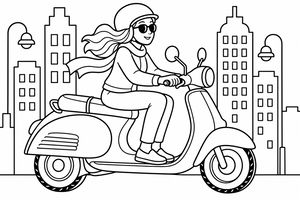 A woman wearing a helmet and sunglasses riding a scooter past city buildings and streetlamps.