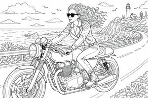 A woman in a leather jacket and sunglasses rides a vintage style motorcycle on a winding road next to the ocean.