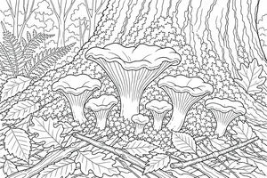 A group of chanterelle mushrooms at the base of a large tree in the forest. The scene includes oak leaves, twigs, and detailed woodland ground cover.