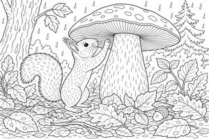A European red squirrel holds onto a giant porcini mushroom to shelter from rain in a dense forest. Wet leaves, sticks, acorns, and trees surround the scene with dripping raindrops.