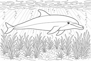 A bottlenose dolphin swims calmly over thick seagrass on the sea floor. Sunlight streams down from the surface and bubbles rise throughout the underwater scene.