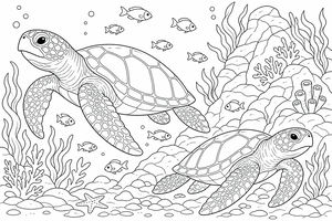 En maletegning der viser to havskildpadder, der svømmer under vandet nær klipper, koraller, tang og flere små fisk.