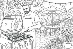 Ein Ausmalbild, das einen Mann zeigt, der mit einer Grillzange Essen auf einem Grill in einem üppigen Garten mit Tisch und Schirm wendet.