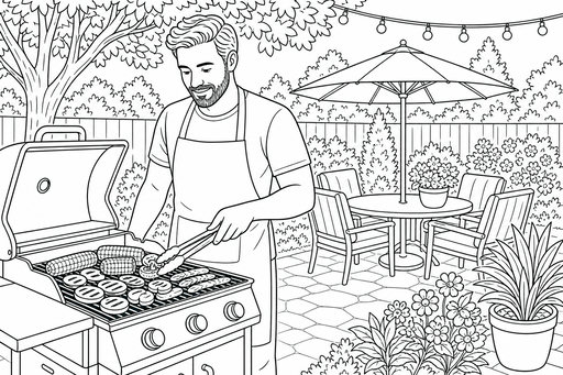 A coloring page showing a man using tongs to flip food on a grill in a lush backyard with a table and umbrella.