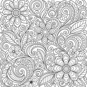 A detailed coloring page featuring large flowers, spiral leaves, and intricate zentangle-style patterns covering the entire area.