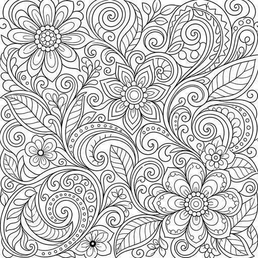 A detailed coloring page featuring large flowers, spiral leaves, and intricate zentangle-style patterns covering the entire area.