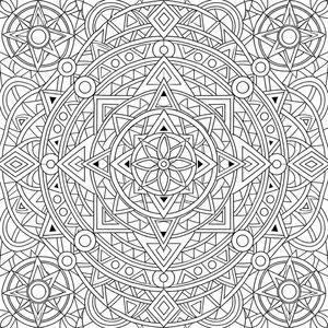 Un coloriage en noir et blanc d'un grand mandala central entouré de petites étoiles géométriques et de motifs symétriques de triangles et de cercles.