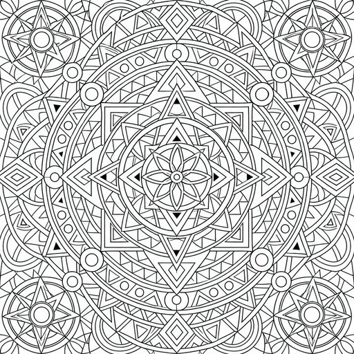 A black and white coloring page of a large central mandala surrounded by smaller geometric stars and symmetrical patterns of triangles and circles.