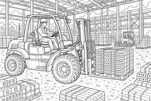 Un ouvrier conduit un chariot élévateur tout-terrain transportant des briques dans un vaste entrepôt inachevé. Des piles de matériaux, des structures en acier et un autre engin de levage complètent cette scène de chantier active.