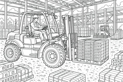 A worker operates a cabless rough-terrain forklift carrying a pallet of bricks inside a spacious unfinished warehouse. Stacks of bricks, steel frames, and another forklift loading materials fill the background for an active construction scene.