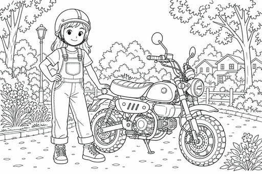 Ein Mädchen in Latzhose und mit Schutzhelm posiert neben einem kleinen Motorrad auf einem gepflasterten Weg in einem Vorstadtpark.
