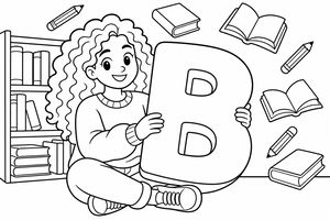 Ein Ausmalbild eines lächelnden Mädchens, das mit einem großen Buchstaben B sitzt, umgeben von einem Bücherregal und fliegenden Büchern.