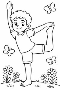 En smilende dreng står barfodet på græsset og holder sin fod i en yogastilling. Store blomster og sommerfugle omgiver ham i en rolig sommeridyl på denne tegning.