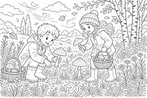 Ein Junge und ein Mädchen suchen auf einer Wiese nach Pilzen. Sie tragen Körbe und Herbstkleidung inmitten von Birken und Wildblumen.