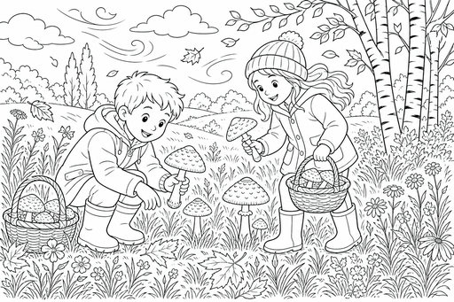En pojke och en flicka plockar svamp på en äng. De har korgar, gummistövlar och höstkläder i ett landskap med björkar och blåsigt väder.