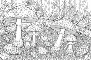 Ein Ausmalbild mit Fliegenpilzen, die zwischen Kiefernzapfen und Nadeln auf dem Waldboden wachsen. Die Pilze haben gepunktete Hüte und stehen neben einem liegenden Ast.