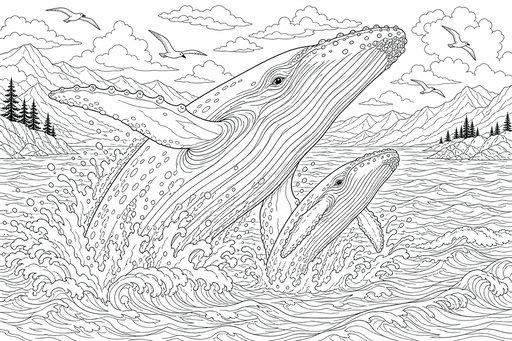 A coloring page showing a humpback whale and calf leaping from the water with large splashes against a mountain backdrop.