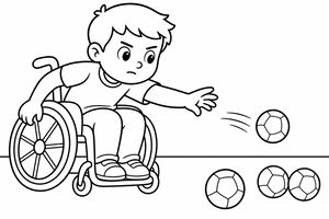 En pojke i rullstol spelar boccia och sträcker ut armen för att kasta en boll på banan. Han ser fokuserad ut och tre bollar ligger på marken framför honom. Bakgrunden är enkel med en tydlig marklinje.