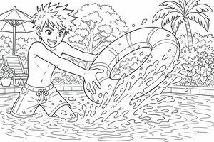 Ein Ausmalbild mit einem Jungen, der in einem Pool Wasser spritzt und einen großen Schwimmreifen benutzt, umgeben von tropischen Pflanzen und sommerlicher Dekoration.