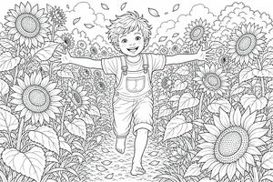 Eine Strichzeichnung eines Jungen mit ausgebreiteten Armen, der unter einem bewölkten Himmel durch ein dichtes Feld großer Sonnenblumen läuft.
