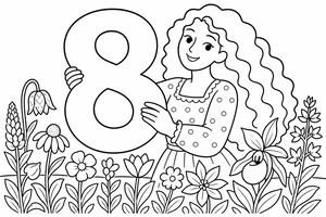 Une femme aux cheveux ondulés tenant un grand chiffre huit entourée de diverses fleurs dans une prairie d'été en fleurs.