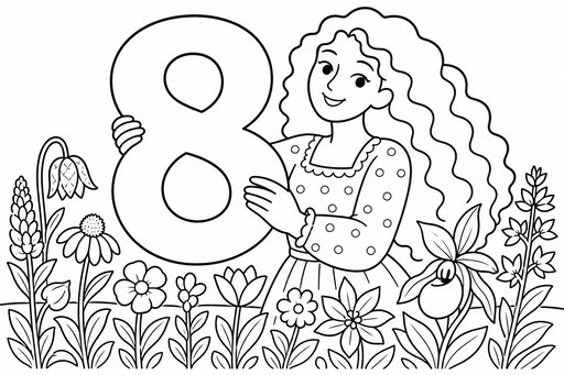 En kvinna med vågigt hår håller en stor siffra åtta omgiven av olika blommor i en blomstrande sommaräng.