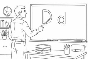 Ein Lehrer zeigt auf den Buchstaben D an einer Tafel in einem Klassenzimmer mit einem Globus und einem Bücherregal im Hintergrund.