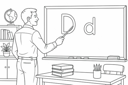A teacher pointing to the letter D on a whiteboard in a classroom with a globe and bookshelf in the background.